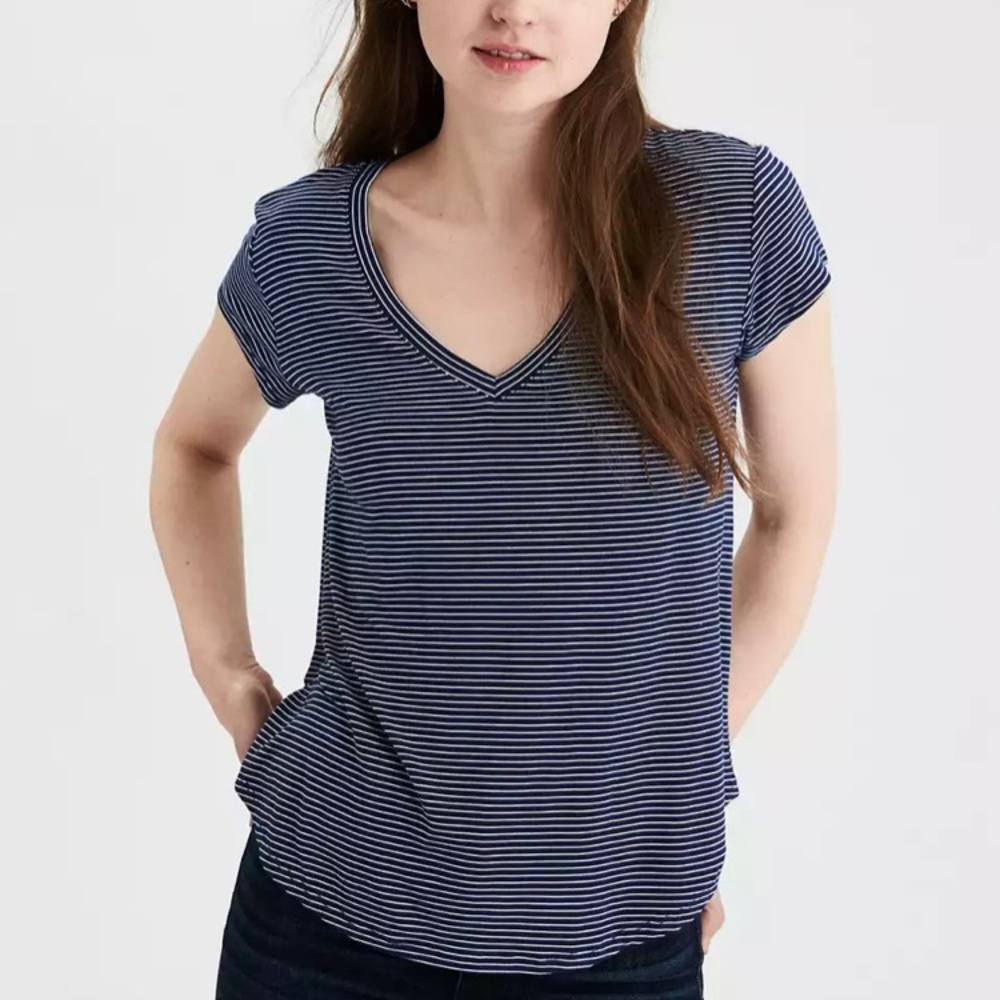 American Eagle Outfitters Navy and White Striped Short Sleeve V-Neck Tee